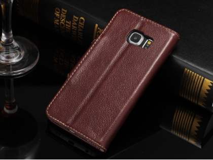 Top Grain Leather Wallet Case With Stand for Samsung Galaxy S6 Edge - Rosewood