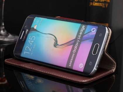 Top Grain Leather Wallet Case With Stand for Samsung Galaxy S6 Edge - Rosewood
