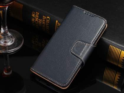 Top Grain Leather Wallet Case With Stand for Samsung Galaxy S6 Edge - Midnight Blue