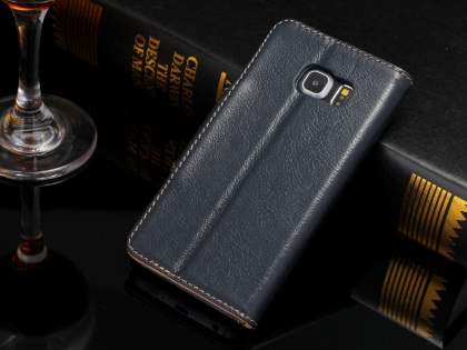 Top Grain Leather Wallet Case With Stand for Samsung Galaxy S6 Edge - Midnight Blue