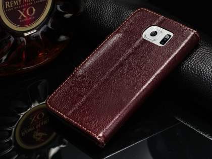 Top Grain Leather Wallet Case With Stand for Samsung Galaxy S6 - Rosewood