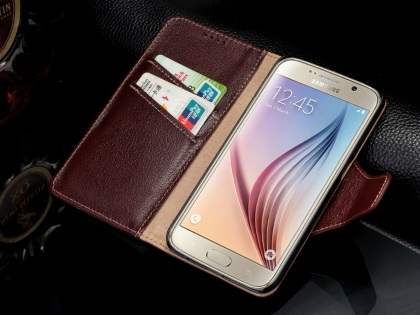 Top Grain Leather Wallet Case With Stand for Samsung Galaxy S6 - Rosewood