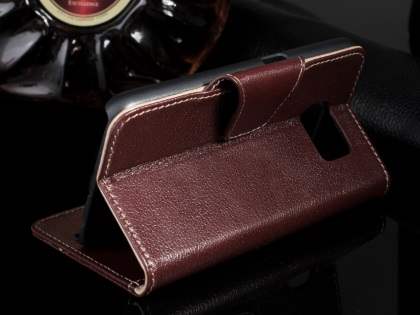 Top Grain Leather Wallet Case With Stand for Samsung Galaxy S6 - Rosewood