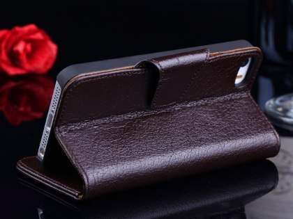 Top Grain Leather Wallet Case With Stand for iPhone SE(1st Gen)/5s/5 - Dark Brown