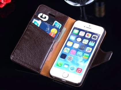 Top Grain Leather Wallet Case With Stand for iPhone SE(1st Gen)/5s/5 - Dark Brown