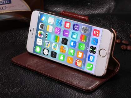 Top Grain Leather Wallet Case With Stand for iPhone 6s Plus/6 Plus - Dark Brown