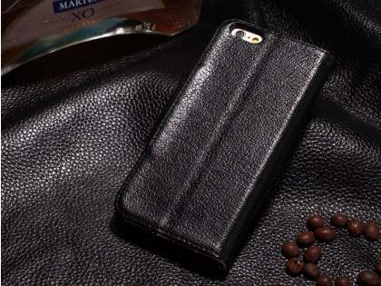 Top Grain Leather Wallet Case With Stand for iPhone 6s Plus/6 Plus - Classic Black