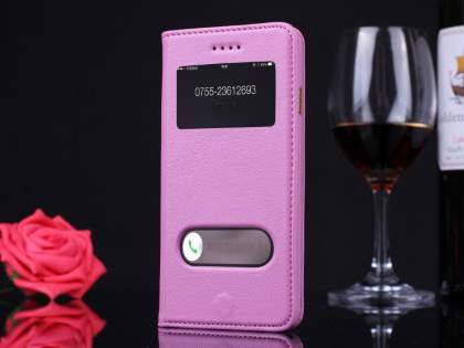 Premium Leather Case With Windows for iPhone 6s Plus/6 Plus - Baby Pink Leather Wallet Case