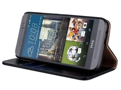 Premium Leather Wallet Case for HTC One M9 - Classic Black