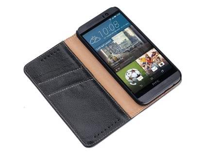 Premium Leather Wallet Case for HTC One M9 - Classic Black