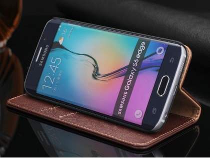 Premium Leather Wallet Case for Samsung Galaxy S6 Edge - Brown
