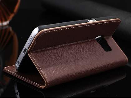 Premium Leather Wallet Case for Samsung Galaxy S6 Edge - Brown