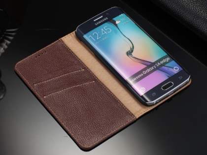 Premium Leather Wallet Case for Samsung Galaxy S6 Edge - Brown