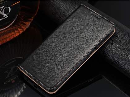 Premium Leather Wallet Case for Samsung Galaxy S6 Edge - Classic Black Leather Wallet Case