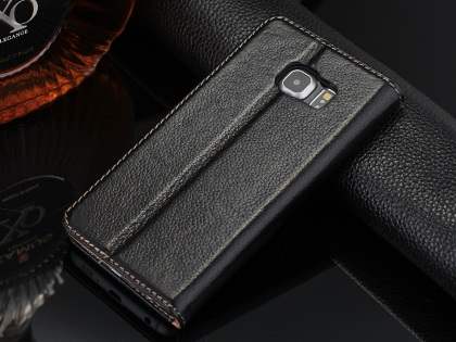 Premium Leather Wallet Case for Samsung Galaxy S6 Edge - Classic Black