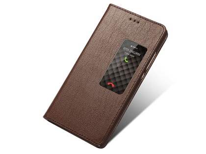Premium Leather Smart View Case for Huawei P8 - Brown Leather Wallet Case