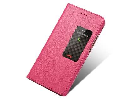 Premium Leather Smart View Case for Huawei P8 - Hot Pink Leather Wallet Case