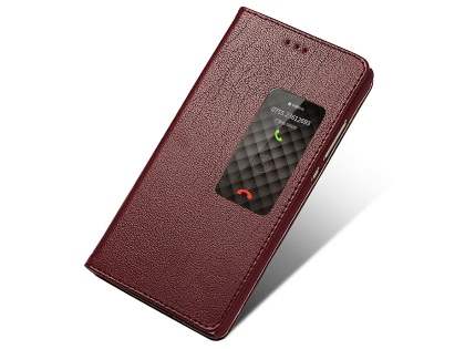 Premium Leather Smart View Case for Huawei P8 - Rosewood Leather Wallet Case