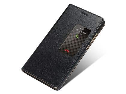 Premium Leather Smart View Case for Huawei P8 - Classic Black Leather Wallet Case