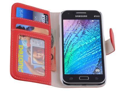 Synthetic Leather Wallet Case with Stand for Samsung Galaxy J1 Ace - Red