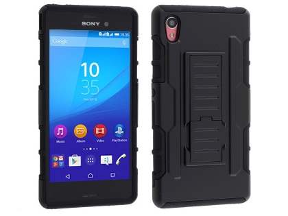 Rugged Case with Holster Belt Clip for Sony Xperia M4 Aqua - Classic Black