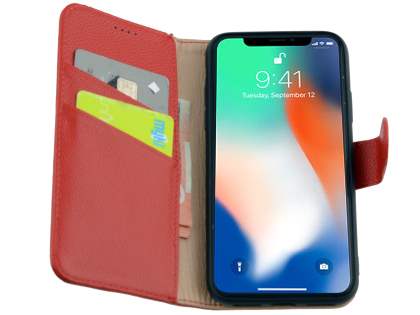 Premium Leather Wallet Case with Stand for Apple iPhone Xs/X - Red