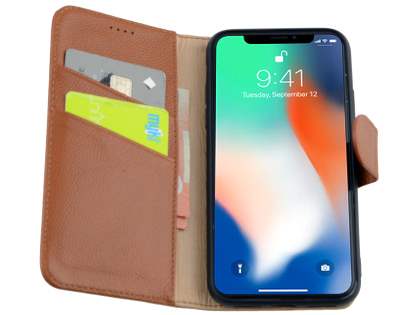 Premium Leather Wallet Case with Stand for Apple iPhone Xs/X - Caramel