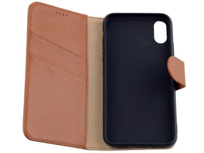 Premium Leather Wallet Case with Stand for Apple iPhone Xs/X - Caramel
