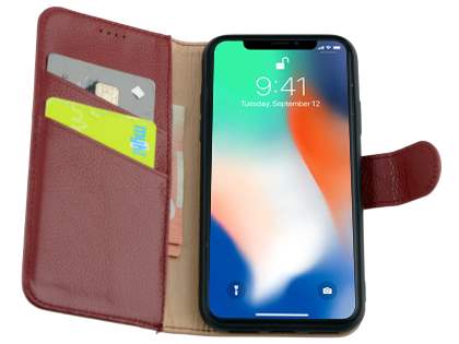 Premium Leather Wallet Case with Stand for Apple iPhone Xs/X - Rosewood