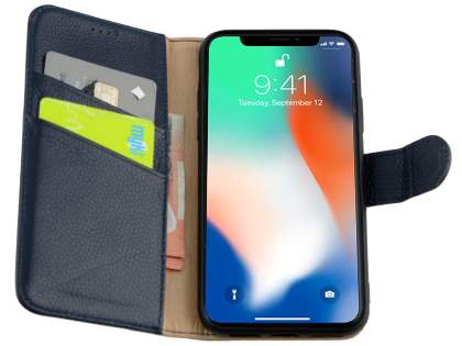 Premium Leather Wallet Case with Stand for Apple iPhone Xs/X - Midnight Blue