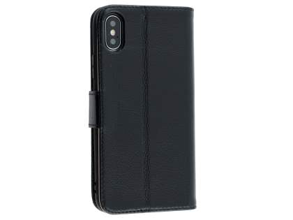 Premium Leather Wallet Case with Stand for Apple iPhone Xs/X - Black Leather Wallet Case