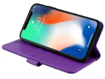 Synthetic Leather Wallet Case with Stand for Apple iPhone Xs/X - Purple