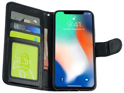Slim Synthetic Leather Wallet Case with Stand for Apple iPhone Xs/X - Black
