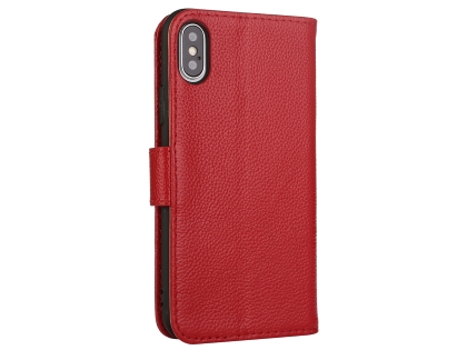Premium Leather Wallet Case with Stand for Apple iPhone Xs Max - Red Leather Wallet Case