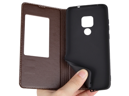 Top Grain Leather Case With Windows for Huawei Mate 20 - Dark Brown