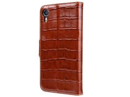 Crocodile Patterned Top-Grain leather Wallet Case for iPhone XR - Brown
