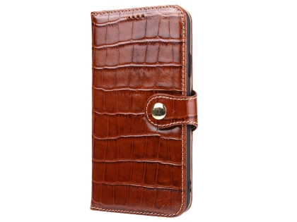 Crocodile Patterned Top-Grain leather Wallet Case for iPhone XR - Brown