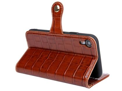 Crocodile Patterned Top-Grain leather Wallet Case for iPhone XR - Brown