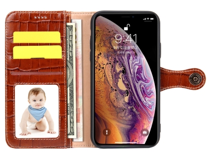 Crocodile Patterned Top-Grain leather Wallet Case for iPhone XR - Brown