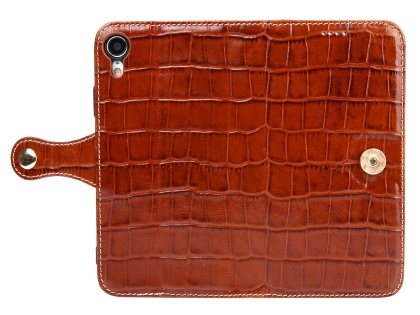 Crocodile Patterned Top-Grain leather Wallet Case for iPhone XR - Brown