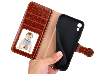 Crocodile Patterned Top-Grain leather Wallet Case for iPhone XR - Brown