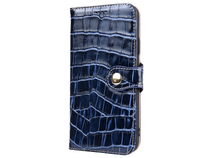 Crocodile Patterned Top-Grain leather Wallet Case for iPhone XR - Blue