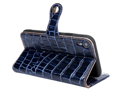 Crocodile Patterned Top-Grain leather Wallet Case for iPhone XR - Blue