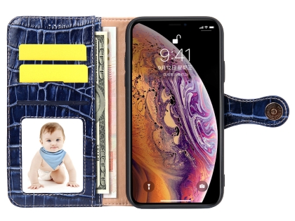 Crocodile Patterned Top-Grain leather Wallet Case for iPhone XR - Blue