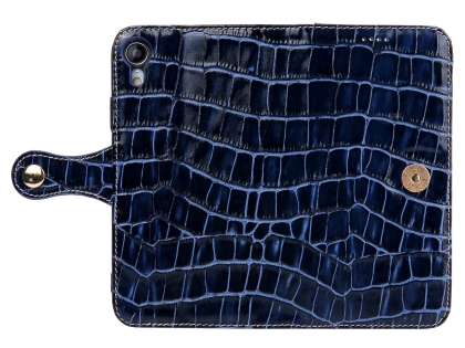 Crocodile Patterned Top-Grain leather Wallet Case for iPhone XR - Blue