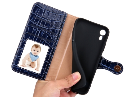 Crocodile Patterned Top-Grain leather Wallet Case for iPhone XR - Blue