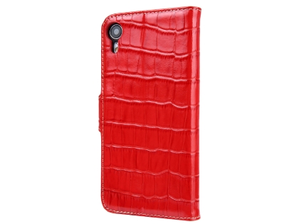 Crocodile Patterned Top-Grain leather Wallet Case for iPhone XR - Red