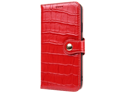 Crocodile Patterned Top-Grain leather Wallet Case for iPhone XR - Red