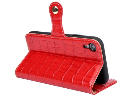 Crocodile Patterned Top-Grain leather Wallet Case for iPhone XR - Red