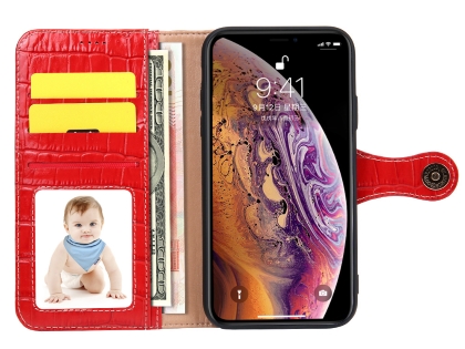 Crocodile Patterned Top-Grain leather Wallet Case for iPhone XR - Red